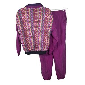 Vtg Streetwear Colorful Back Print 100% Silk Tracksuit Jacket Pants Set sz Small